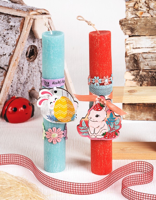 Πασχαλινές λαμπάδες σαγρέ για μωρά,  με ξύλινο στοιχείο ''κουνελάκι με φράουλες'', ''κουνελάκι με αυγό'', σατέν και βαμβακερές κορδέλες