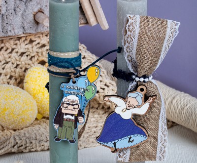 Στρογγυλές πασχαλινές λαμπάδες family με ξύλινο στοιχείο ''ΓΙΑΓΙΑ'', ''Ο ΚΑΛΥΤΕΡΟΣ ΠΑΠΠΟΥΣ'',