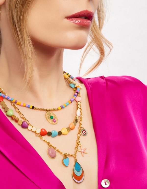 Σετ κολιέ με ατσάλινη αλυσίδα , αιματίτη, χαολίτη , χάντρα μουράνο, κεραμικό στοιχείο αστερία και ατσάλινο στοιχείο με σμάλτο