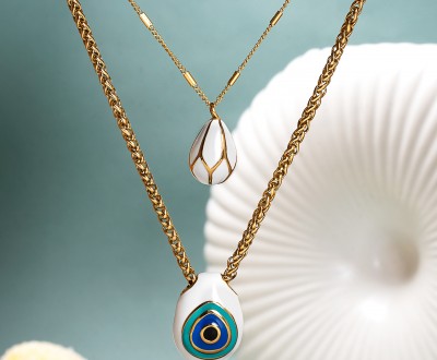 Σετ Κολιέ με ατσάλινα πασχαλινά αυγά - μάτια σε λευκούς τόνους με χρυσές λεπτομέρειες