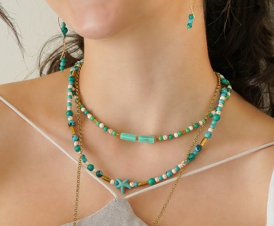 Σετ κολιέ και σκουλαρίκια με ατσάλινες αλυσίδες , ατσάλινα στοιχεία και χαολίτη σε πράσινες και θαλασσί αποχρώσεις