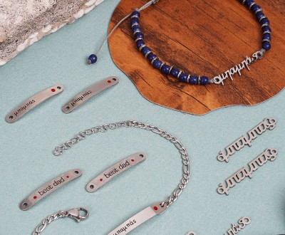 Σετ  βραχιόλια με ατσάλινη αλυσίδα,  ατσάλινο στοιχείο  και μπλε χαολίτη, αιματίτη σε χρώμα ασημί και ατσάλινο στοιχείο ''μπαμπάς''