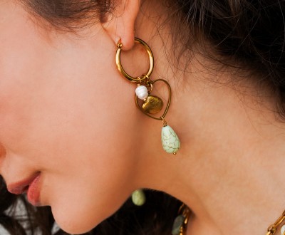 Ατσάλινα σκουλαρίκια με ατσάλινα στοιχεία αχιβάδα και καρδιά συνδυασμένο με μαργαριτάρια και χαολίτη