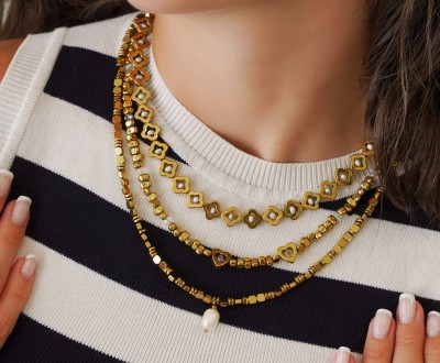 Κολιέ με χρυσό  αιματίτη σε διάφορα σχήματα συνδυασμένο με μαργαριτάρια