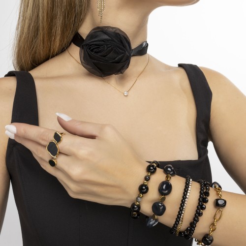 Βραχιόλια με μαύρη πέτρα, αχάτη, νεφρίτη, χρυσό αιματίτη και ατσάλινη αλυσίδα με στρας