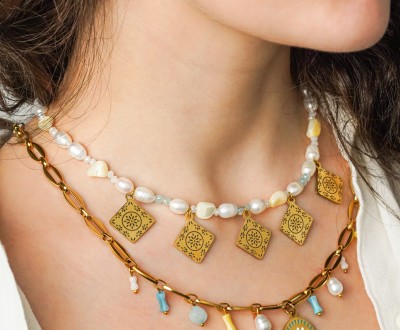 Κολιέ και σκουλαρίκια με ατσάλινα στοιχεία, ατσάλινη αλυσίδα, μαργαριτάρια, φίλντισι, νεφρίτη και κρύσταλλα