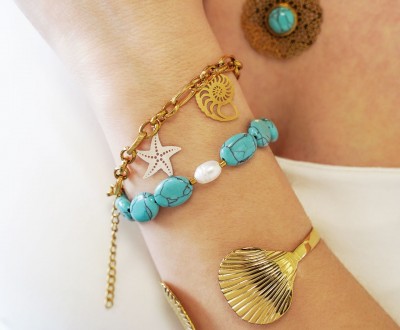 Βραχιόλια με χρυσή αλυσίδα, φιλιγκρί θαλασσινά στοιχεία, χαολίτη, μαργαριτάρι και χρυσή χειροπέδα