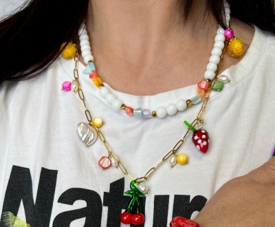 Κολιέ με χρυσή αλυσίδα, φρούτα μουράνο, κοχύλι, μαργαριτάρια, χρυσό αιματίτη και νεφρίτη