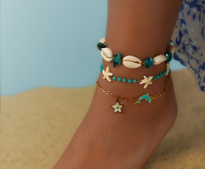 Βραχιόλια ποδιού με ροζάριο, χαολίτη, χρυσή αλυσίδα, κοχύλια και χρυσά στοιχεία