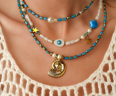 Κολιέ με κρύσταλλα και γυάλινες με φίλντισι, μαργαριτάρια και χρυσό αιματίτη