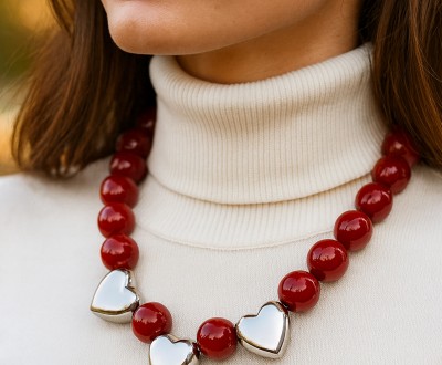 Εντυπωσιακό χειροποίητο κολιέ με κόκκινες γυαλιστερές χάντρες και τρία ασημί καρδιόσχημα στοιχεία. Ο συνδυασμός έντονου κόκκινου και μεταλλικής λάμψης με μοναδικό τρόπο αποπνέει ρομαντισμό και αυτοπεποίθηση