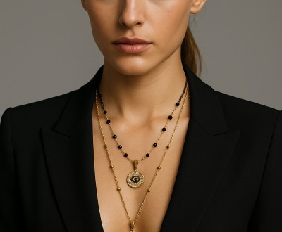 Χειροποίητα κολιέ με ζιρκόν και ροζάριο, που συνδυάζουν μοτίβο ματιού προστασίας και μενταγιόν σε σχήμα μουσικού κλειδιού.