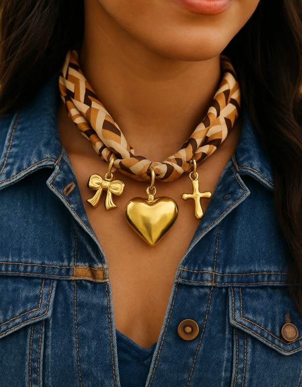 Φουλάρι-κολιέ σε γήινους τόνους και γεωμετρικό μοτίβο με ατσάλινα στοιχεία, φιόγκο, καρδιά και σταυρό