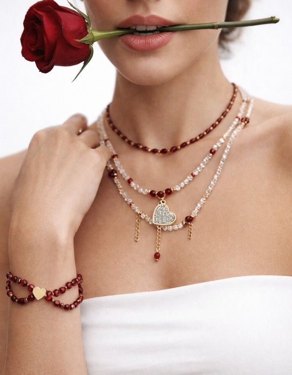 Ρομαντικό κολιέ & βραχιόλι με κρύσταλλα, επιχρυσωμένες λεπτομέρειες και ατσάλινο στοιχείο καρδιά