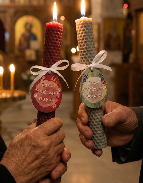 Λαμπάδες κηρύθρες σε γκρι και μπορντό χρώμα, διακοσμημένες από ξύλινα στοιχεία και σατέν κορδέλα