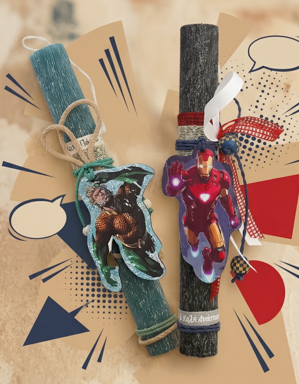 Λαμπάδες στρογγυλές αρωματικές σε πετρόλ και μαύρο χρώμα, διακοσμημένες από ξύλινα στοιχεία και ελαστικά κορδόνια, πλεκτή κορδέλα, κορδέλα γκρο, κορδέλα δίχτυ,κορδέλα ευχών και ξύλινες μπάλες