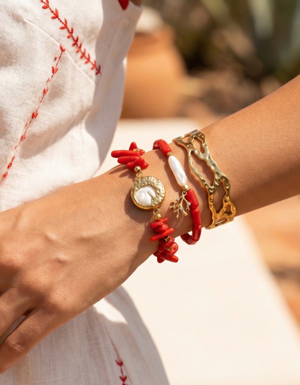 Βραχιόλια με κόκκινα κοράλια, συνδιασμένα με χρυσά στοιχεία, μαργαριτάρι και χρυσό αιματίτη
