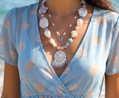 Κολιέ με αχάτη συνδιασμένα με κοχύλι, ασημί αιματίτη, γυάλινες, κρύσταλλα, λάβα, ασημί ροζάριο με ακρυλικές, κεραμικό στοιχείο και ασημί στοιχεία