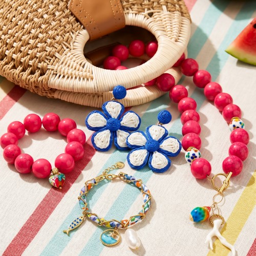 Κολιέ και βραχιόλι σε φούξια αποχρώσεις με χαολίτη, μουράνο, χρυσό αιματίτη, κοχύλι, ακρυλικό στοιχείο και χρυσή αλυσίδα