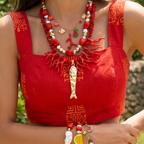 Κολιέ και βραχιόλια σε κόκκινες αποχρώσεις, με φίλντισι, χρυσό αιματίτη, χαολίτη, κοράλια, μουράνο και χρυσά στοιχεία