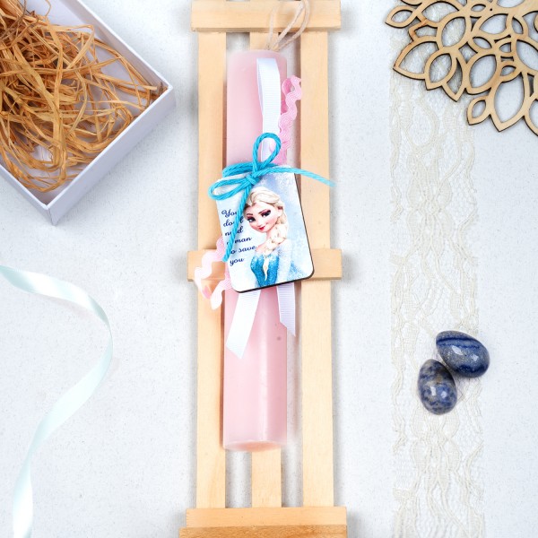 Χειροποίητη λαμπάδα με ξύλινο στοιχείο Elsa, κορδόνια και αρωματικό κερί