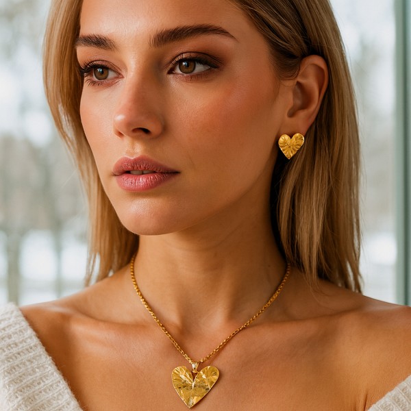 Σετ κολιέ και σκουλαρίκια με ατσάλινη αλυσίδα και σφυρήλατη καρδιά