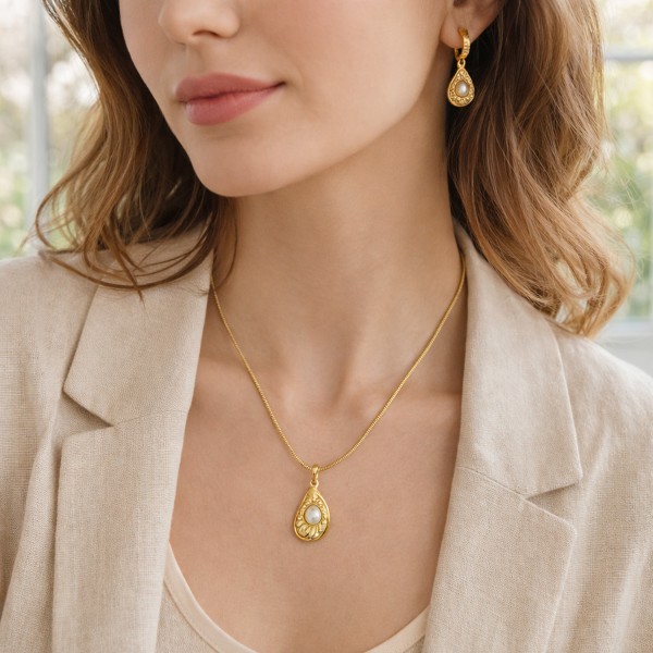 Σετ κολιέ και σκουλαρίκια με ατσάλινη αλυσίδα και δάκρυ με πέρλα