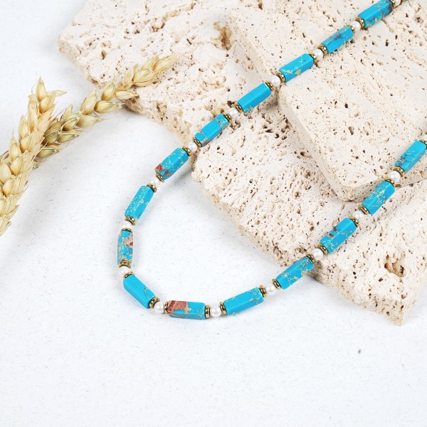 Χειροποίητο κολιέ με ίασπι, πέρλες και αιματίτη