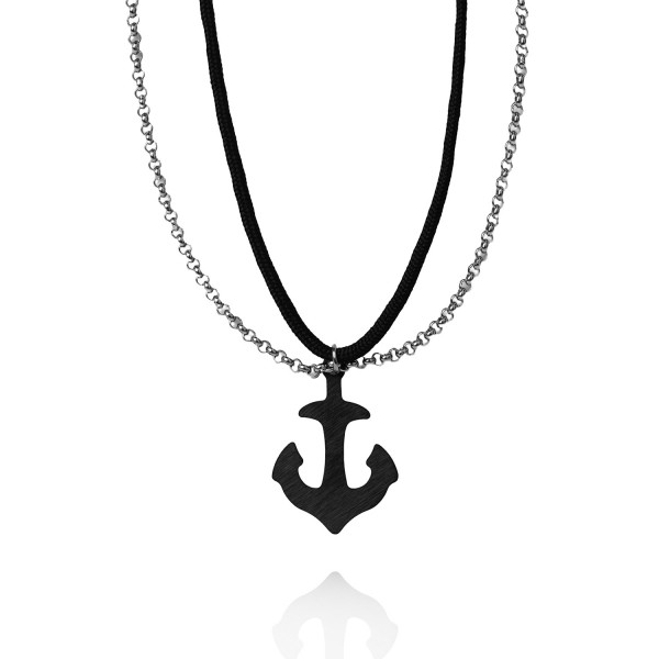 Χειροποίητο διπλό κολιέ με κορδόνι, ατσάλινη αλυσίδα και άγκυρα