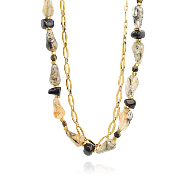 Χειροποίητο διπλό κολιέ με ατσάλινη αλυσίδα και κρύσταλλα