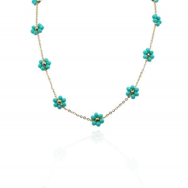 Κολιέ ροζάριο με ατσάλινη αλυσίδα και λουλούδια από κρύσταλλα