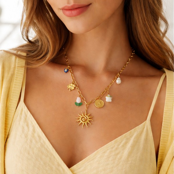 Κολιέ με ατσάλινη αλυσίδα, κεραμικά στοιχεία και charms