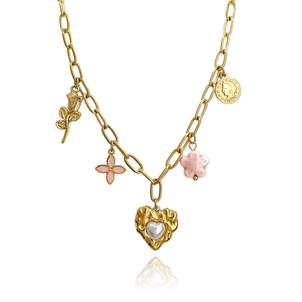 Κολιέ με ατσάλινη αλυσίδα, καρδιά και στοιχεία