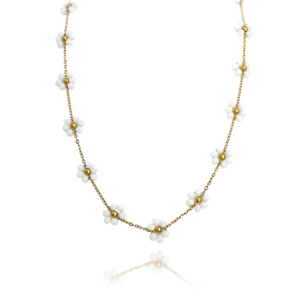 Κολιέ με ατσάλινη αλυσίδα και λουλούδια με κρύσταλλα