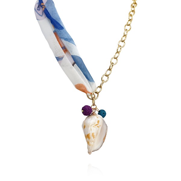 Κολιέ με ατσάλινη αλυσίδα, φυσικό κοχύλι και ύφασμα