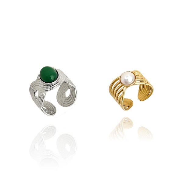 Ατσάλινο δαχτυλίδι με πέρλα και μαύρη πέτρα-ανοιγόμενο